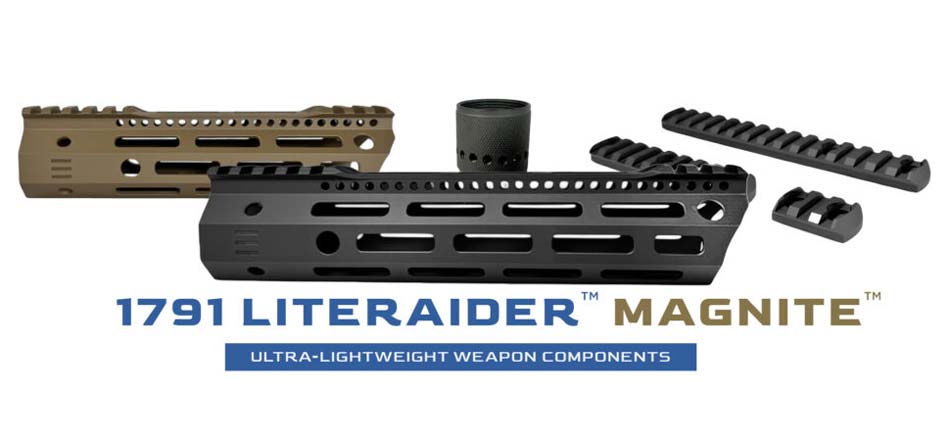 A detailed image of the 1791 LiteRaider series, unveiled at the 2025 SHOT Show, showcasing ultra-lightweight firearm components made with MAGNITE™, a revolutionary metal nanocomposite. The components, including M-LOK handguards, ambidextrous charging handles, and Picatinny rail sections, are 33% lighter than 6061-T6 aluminum while maintaining equivalent strength. The image highlights the sleek and functional design of the handguards, emphasizing their compatibility with AR-15/M4 and AK platforms. The components' innovative material offers superior vibration and thermal resistance, enhancing performance and reliability. Lightweight hand stops, scope mounts, and magazine extensions from the series are also featured, underscoring their focus on reducing fatigue and improving handling. The LiteRaider™ series sets a new standard for high-performance firearm components, appealing to users seeking durability and cutting-edge technology.