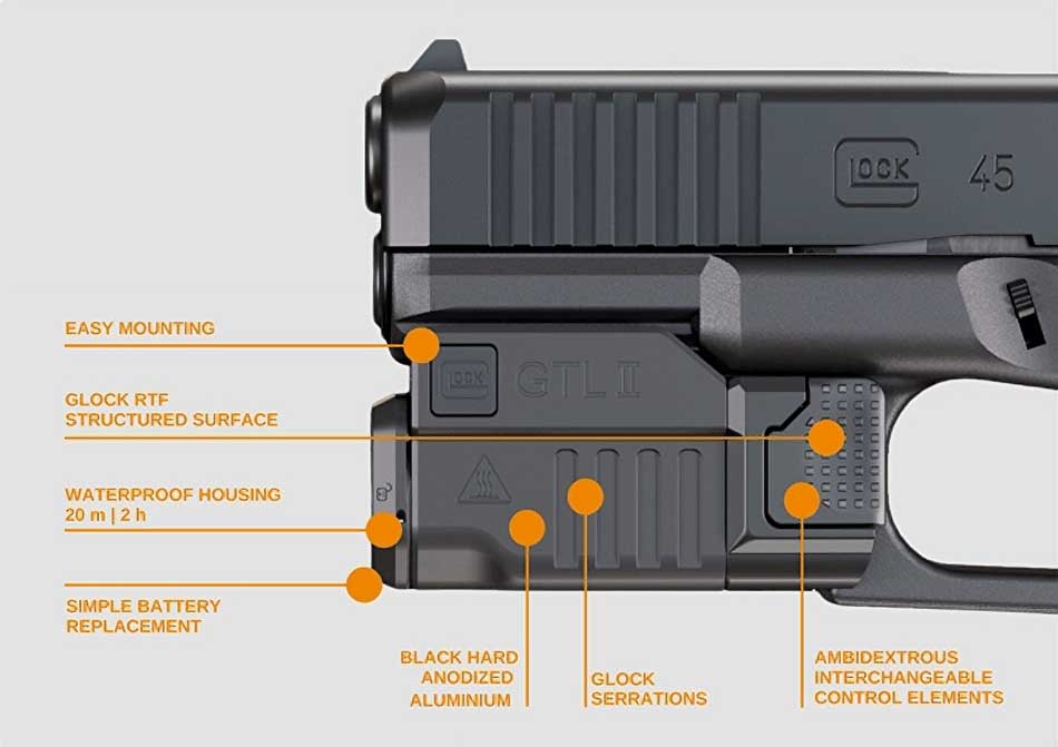 At the 2025 SHOT Show, I observed the GLOCK Tactical Light II (GTL II) mounted on a GLOCK 19 pistol at the GLOCK booth. The black hard anodized aluminum housing of the GTL II seamlessly blended with the pistol's frame, and the RTF structured surface provided a secure grip. The compact design matched the length and width of the G19 slide, maintaining the pistol's sleek profile. A GLOCK representative demonstrated the slide-on mounting solution, highlighting its ease of attachment without over-tightening. The ambidextrous interchangeable control elements were showcased, allowing users to select their preferred activation method. The GTL II's powerful LED illuminated the booth area, emphasizing its approximately 600 lumens output and 11,100 candela concentration. Attendees were impressed by its waterproof feature, ensuring durability in various conditions.