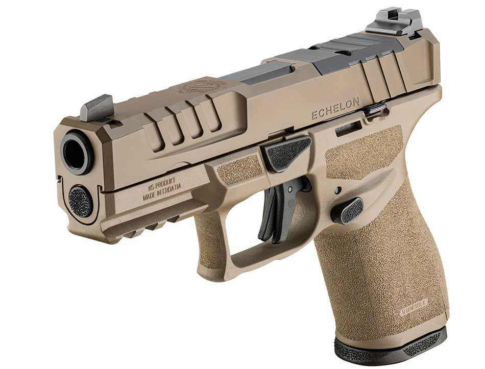 At the SHOT Show, I captured this Desert FDE Springfield Armory Echelon 4.0C pistol on display. The pistol features a striking flat dark earth finish that complements its sleek, modular design. Its 9mm chambering and optics-ready U-Dot sight system were highlighted in the booth, drawing attention from visitors. The stainless steel slide with a durable Melonite coating adds to its rugged appearance. In this photo, the pistol is shown with its 15-round magazine seated, showcasing its versatility and modern ergonomics. The display setup includes Springfield's branding, emphasizing the new finish option. This was one of the standout handguns in the exhibit.