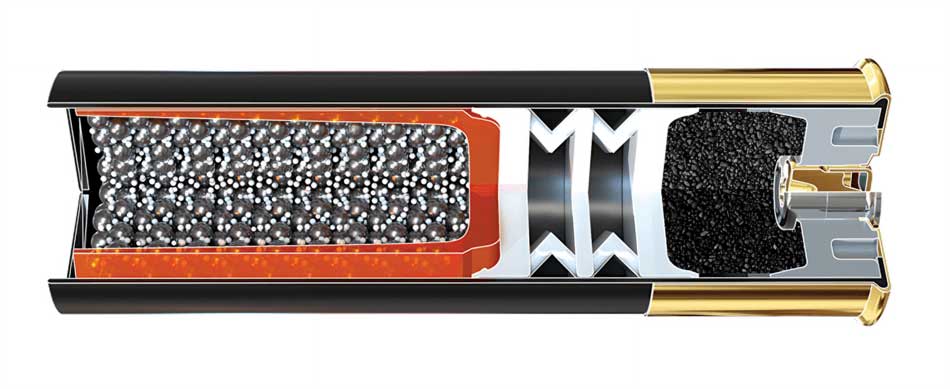 This cutaway diagram showcases the new Winchester Long Beard TSS shotshells, introduced at the 2025 SHOT Show, revealing their advanced internal structure. The sectioned view highlights Tungsten Super Shot (TSS) pellets arranged within a buffered payload to minimize flyers and maintain consistent patterns. Denser than lead, these tungsten pellets deliver superior downrange energy and deeper penetration, making them ideal for turkey hunting. The image illustrates how hunters can achieve 6 to 8 times more pellets in a 10-inch circle at 60 yards, significantly improving long-range effectiveness. The diagram also emphasizes the innovative wad system, which helps optimize shot release while safeguarding the shot from deformation. This advanced design underscores how cutting-edge materials and engineering can elevate shotshell performance well beyond traditional loads.