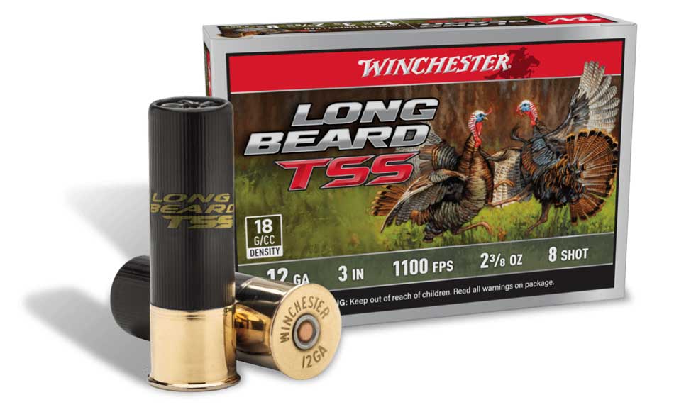 A close-up shot of Winchester’s new Long Beard TSS shotshells, introduced at the 2025 SHOT Show, highlighting their advanced Tungsten Super Shot (TSS) design. These shells feature an 18 g/cc tungsten payload, delivering superior density and downrange energy compared to traditional lead loads. Engineered for turkey hunters, the buffered payload reduces flyers and promotes more consistent patterns through any choke. Hunters can expect 6 to 8 times more pellets in a 10-inch circle at 60 yards, boosting confidence in long-range shots. Long Beard TSS is offered in 12, 20, 28, and .410 bore, ensuring a wide range of options for diverse hunting styles. Specific payloads and velocities—like a 3.5-inch 12-gauge shell with a 2 3/4 ounce load at 1,050 fps—cater to individual preferences. Combining advanced materials with proven performance, these new shotshells set a higher standard for modern turkey hunting. As seen at the 2025 SHOT Show