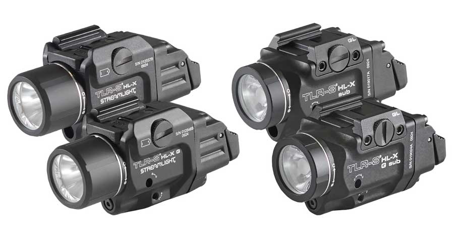 A close-up view of the new Streamlight TLR-8 weapon-mounted lights introduced at the 2025 SHOT Show, offering high-lumen, multi-fuel options with up to 1,000 lumens. These lights feature a powerful LED combined with either a red or green laser, designed to improve visibility and targeting in both low-light and daylight conditions. The front-loading battery compartment allows quick swaps between a rechargeable SL-B9 USB-C battery or a disposable CR123A lithium battery. Engineered to fit a variety of handguns—from full-size to subcompact—these TLR-8 models include customizable rear paddle switches for personalized use. Crafted from durable aircraft-grade aluminum, they are water-resistant and include a “safe-off” switch to prevent accidental activation. Popular firearm compatibility includes Glock, Sig Sauer, Springfield Armory, and 1913 short-railed subcompacts, making these new lights versatile for tactical, law enforcement, and everyday carry needs.